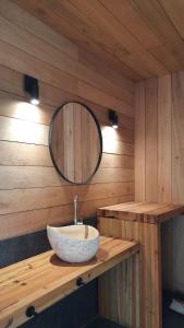 瓜伊马延Casa Contenedor - Bermejo Mendoza的木制柜台上带石水槽的浴室
