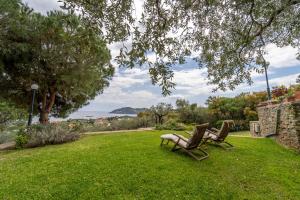 帕雷恩特西菲基昂Villa Elia Kavala - Mediterranean Holiday Villa的两把椅子坐在院子里的草地上