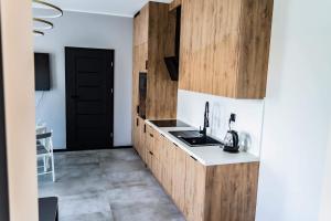 博茨科沃Apartament 101 Aquarius Boszkowo的厨房配有木制橱柜和黑色门