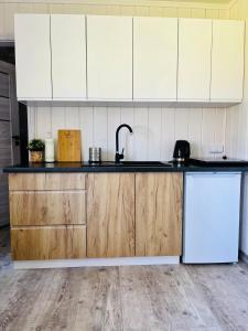 沃尔贾利Projekt Warchały的厨房配有白色橱柜、水槽和洗碗机。