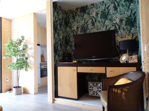 维拉·雷阿尔MOM - Mateus On Modular的客厅配有电视和绿色壁纸墙