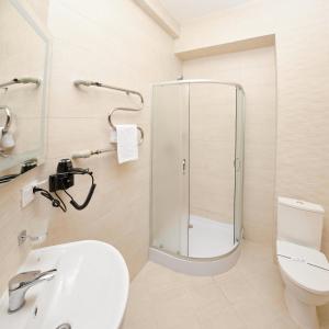 利沃夫Готель Динамо的带淋浴、盥洗盆和卫生间的浴室