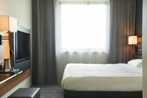 莱茵河畔路德维希港路德维希港慕奇夕酒店的酒店客房设有一张床和一个大窗户