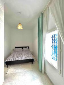 西迪·布·赛义德The Blue Sea View Sidi Bou Said的一间带床的卧室,位于带窗户的房间内