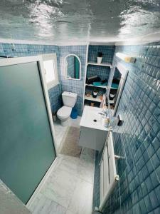 西迪·布·赛义德The Blue Sea View Sidi Bou Said的蓝色瓷砖浴室设有水槽和卫生间