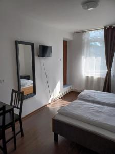 普雷代亚尔Vila Oltețul的一间卧室配有一张床、镜子和一张桌子