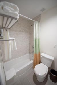 皇后区Flushing Garden Hotel的浴室配有卫生间、浴缸和水槽。