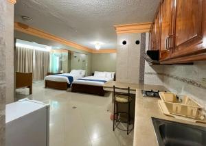 曼塔Apart Hotel Hamilton的酒店客房带两张床和厨房