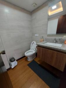 洛哈Departamento nuevo, elegante y muy cómodo.的一间带卫生间、水槽和镜子的浴室