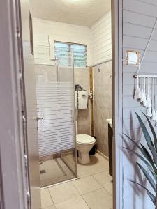 莫沙夫拉莫特Sky Travelers סקיי מטיילים的一间带卫生间和玻璃淋浴间的浴室