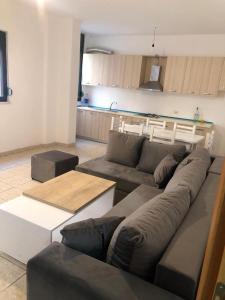 都拉斯Apartament rohelio shkembi kavajes的客厅配有沙发和桌子