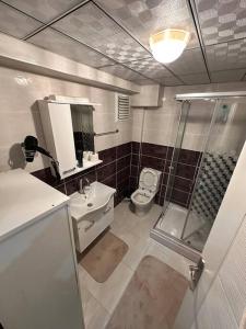 恰纳卡莱Akhome - Luxury dublex apartment的带淋浴、卫生间和盥洗盆的浴室