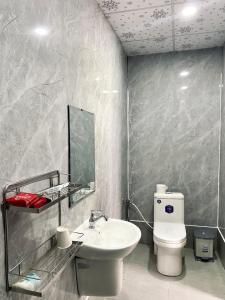 Xã Gia TânBến Hồ Homestay的一间带水槽、卫生间和镜子的浴室