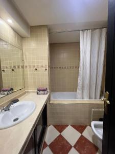 阿加迪尔Marina Agadir Appartement的一间带水槽、浴缸和卫生间的浴室