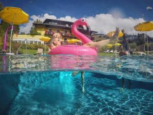萨尔巴赫萨尔巴赫霍夫酒店的游泳池里粉红色火烈鸟的人