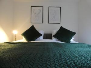比林汉姆Skipton Lodge的一间卧室配有一张带两个绿色枕头的床