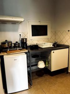 帕拉塔蒙Olympus and Sea View Apartment的厨房配有柜台和冰箱。