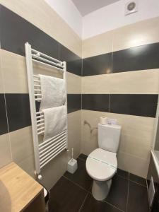 克卢日-纳波卡Dora City Apartament的浴室设有白色的卫生间和黑白条纹