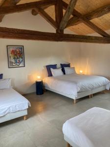 尚泰梅尔莱布莱Gîtes Du Mas de Surlan的配有木天花板的客房设有两张床。