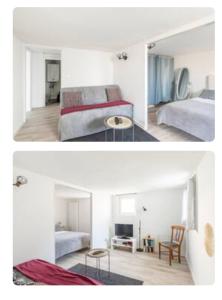 鲁瓦扬Appartement 200 m plage avec terrasse et jardin的两张带两张床的房间的照片