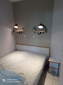 莫列马阿Chez Alex & Max - Appartement duplex entre forêt et océan的卧室配有一张床,墙上有两盏灯