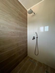科斯镇Elia Small Paradise的浴室铺有木地板,设有淋浴间。
