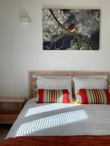 帕雷迪什迪科拉Casinha Rubiães的一张带两个枕头的床和一张墙上的照片