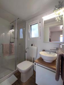 德拉格Zen Zone Premium Mobile Home的一间带水槽、卫生间和淋浴的浴室
