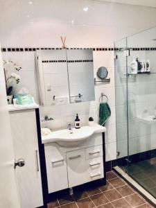 悉尼Hotel Style Monterey Guest Studio near Hospitals, Beach and Airport的一间带水槽和淋浴的浴室