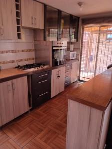 圣地亚哥La casa di Gio的铺有木地板的厨房,配有木制橱柜。