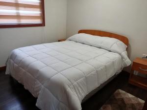 科伊艾科CABAÑAS TRAPAGONIA的卧室配有白色的床和木制床头板