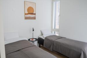 罗瓦涅米Snowflake suites VIII with private sauna的一间卧室设有两张床和窗户。