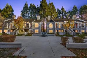 红木城Luxurious 2-bedrooms in Redwood + free parking的一座大蓝色房子前面有树木