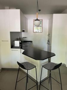 拉萨尔勒班Oasis Pied Dans L'Ô, La Saline Les Bains.的厨房配有黑色的桌子和两把椅子