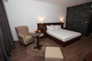 盖夫盖利亚Hotel Sky Gevgelija的配有一张床和一把椅子的酒店客房