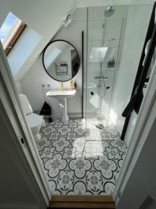 锡姆里斯港Rörums Gårdshotell的带淋浴、盥洗盆和镜子的浴室