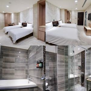 水里乡龍江大飯店的配有两张床和一个浴缸的酒店客房的三张图片