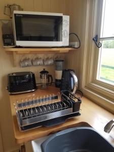 巴拉Rhydydefaid Cwt Clyd - Cosy Hut的厨房柜台配有微波炉和水槽