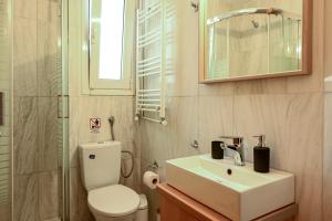 塞萨洛尼基Thessaloniki Center Modern Apartment的一间带水槽、卫生间和淋浴的浴室