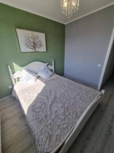 马热伊基艾Sodų skg. 10的卧室内的一张床位,卧室设有绿色的墙壁