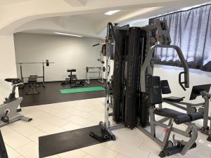 莱比锡MEOS 2 -Zentrum-Hofblick-Gym-Netflix的一间健身房,里面配有跑步机和机器