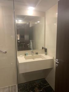 安曼城市玫瑰套房酒店的一间带水槽和大镜子的浴室
