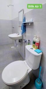 马六甲Homestay Intan Anjung Lodge的浴室配有白色卫生间和盥洗盆。