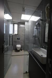 加雅The White Lotus的一间带水槽、卫生间和镜子的浴室