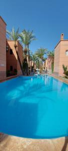 马拉喀什Riad Nour Travel-Les Riads Nour Resorts的一个种有棕榈树的大型蓝色游泳池