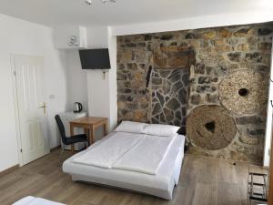 多莱尼斯凯托普利采Apartmaji Maln的一间卧室设有一张床和石墙