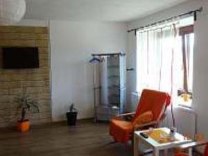 泰尔奇Chalupa Pod lesem的客厅配有橙色椅子和窗户