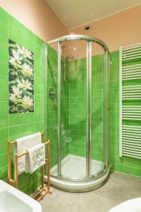 卡萨诺韦Malpensa Garden的浴室设有绿色瓷砖和淋浴。