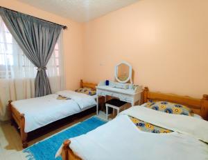 KangaruModern & Comfy Mt. Kenya Sunset View Apartment的一间卧室设有两张单人床和一面镜子