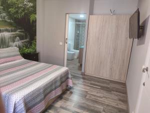 托莱多Hostal El Bosque Encantado Toledo的一间卧室配有一张床,一扇门通往浴室
